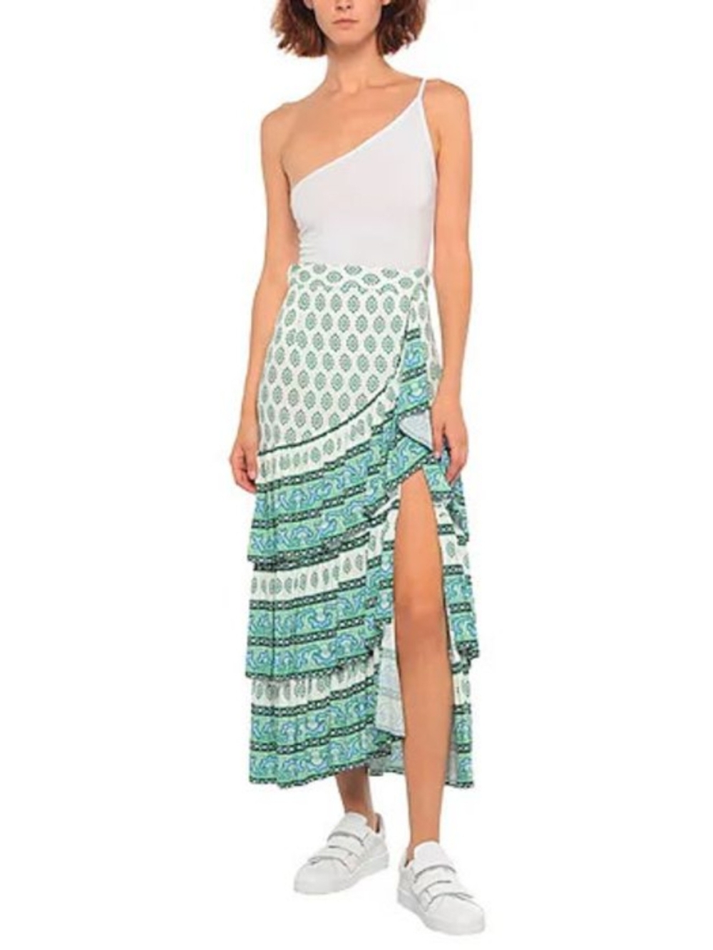 Sandro Green & White Printed Ruffle Wrap Skirt - Picture 3 of 16
